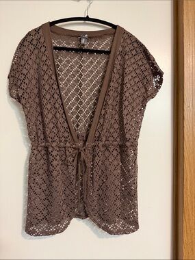 Vanity Brown Crochet Tie-Front Cardigan